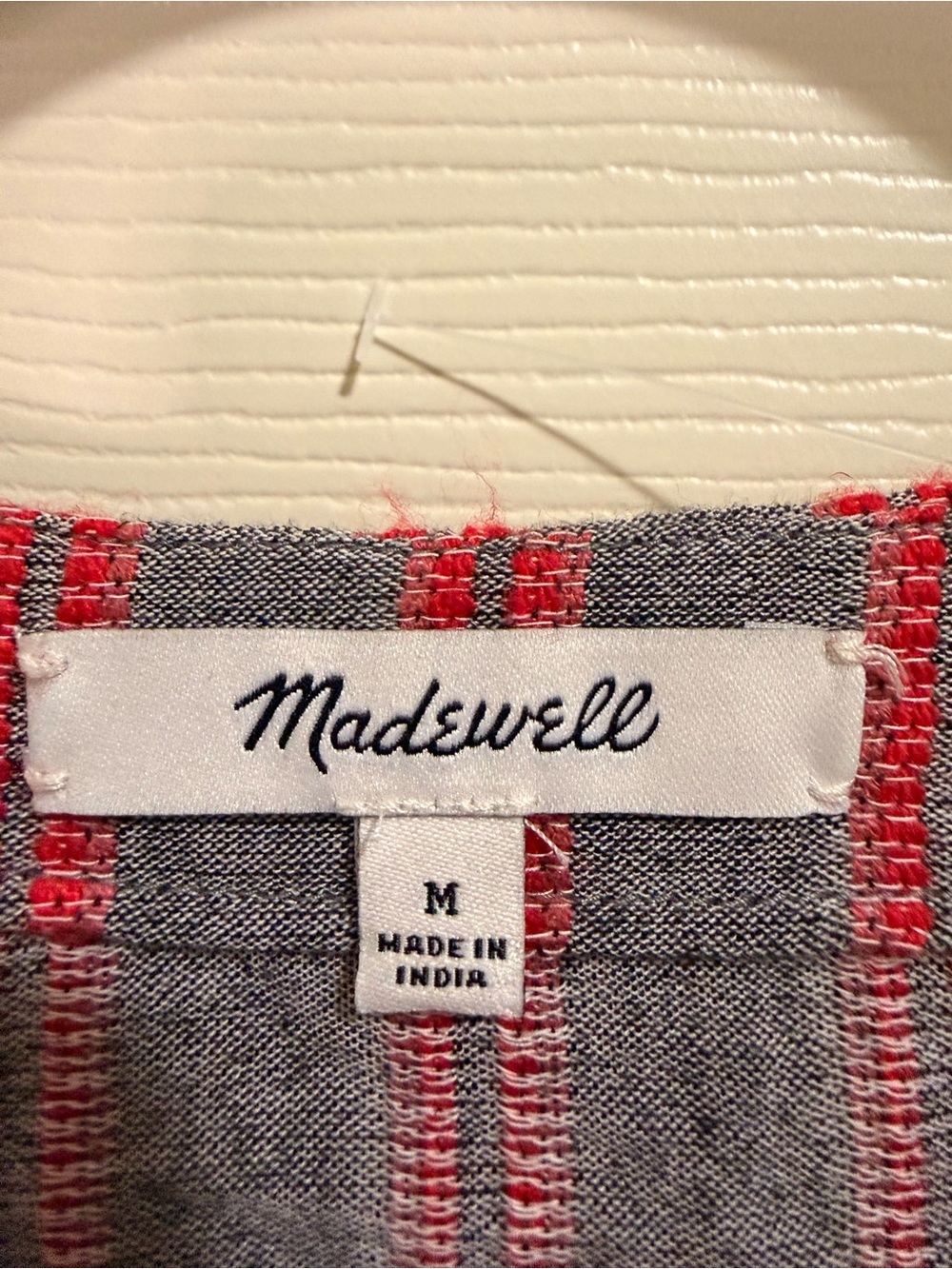 Madewell Gray and Red Striped V-Neck Peplum Blouse - Picture 2 of 3